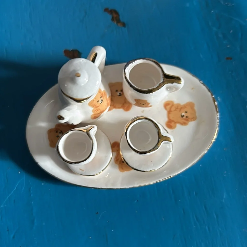Vintage Porcelain Mini Teddy Bear Tea Set Dollhouse Miniatures